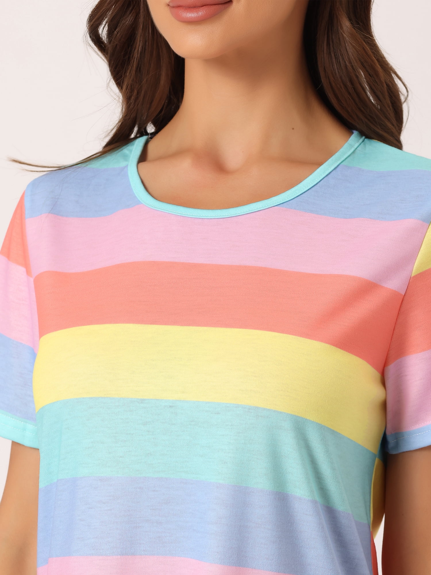 DARING DIVA Women's Colorful Striped Short Sleeve Nightgown M Light Color
