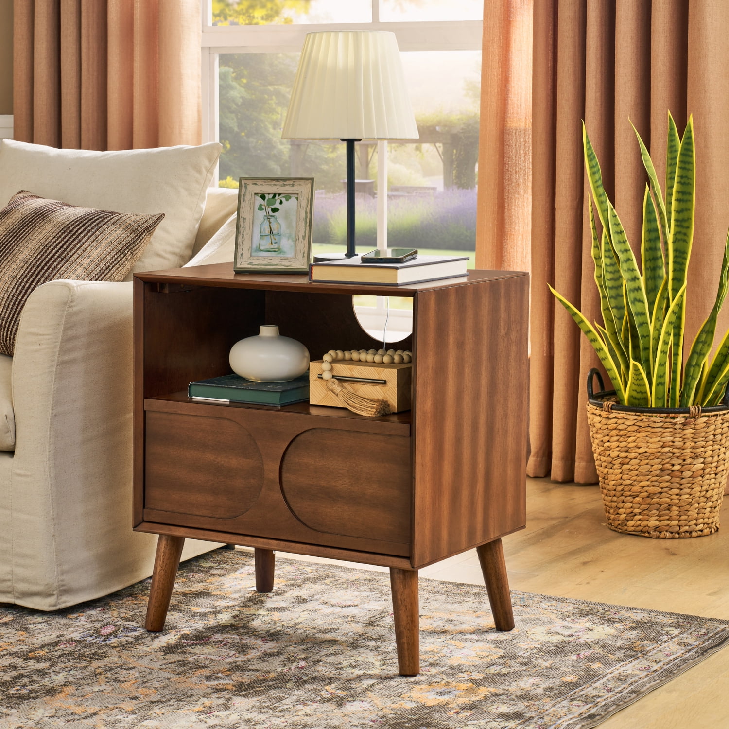 Mid Century Modern Fluted Nightstand with USB Charging Station, 4 Solid Wood Legs, and Farmhouse Style Storage Walnut Brown Retro Decor for Living Rooms & Bedrooms