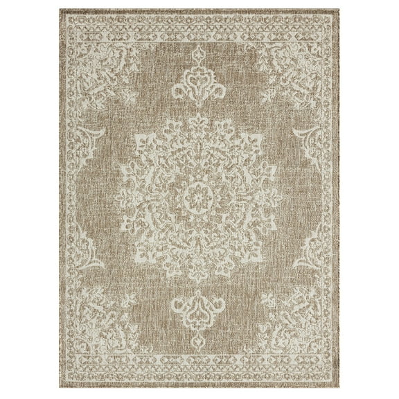 Nicole Miller New York Patio Country Azalea Transitional Medallion Indoor/Outdoor Area Rug, Taupe/Ivory , 6'6"x9'2"