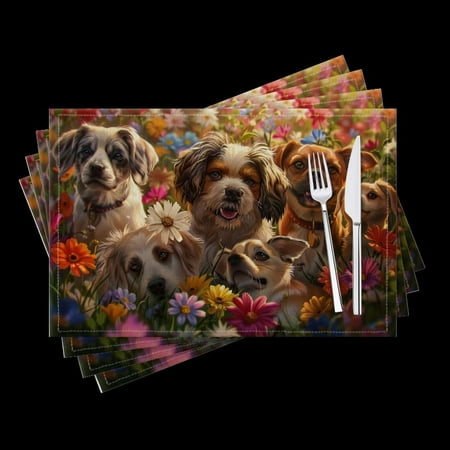 

Bahomeck Placemats Set Of 4 Rectangle Linen Cotton Placemats For Dining Table Fade Resistance Washable Heat Resistant，18*12Inch Group Of Dogs In Various Sizes And Breeds