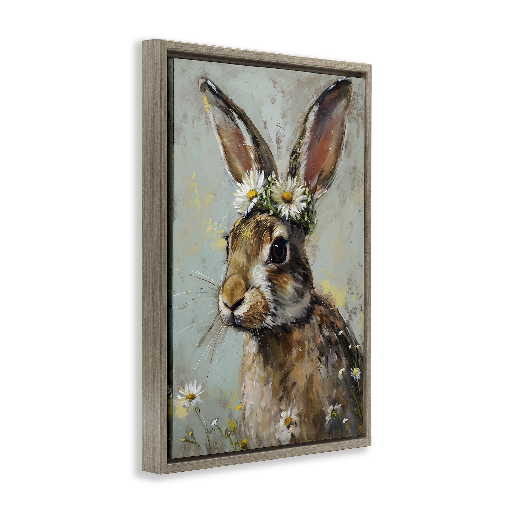 Stupell Industries Bunny & Daisy Crown Animals & Insects Painting Brown Floater Framed Canvas Art Print Wall Art, 21 x 31