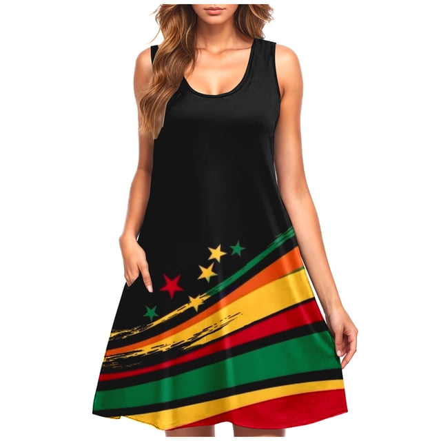 Vestido Casual de las Mujeres sin Mangas en Gradiente Cuello de Tripulación, Vestido Ligero de Primavera Y Verano de Poliéster