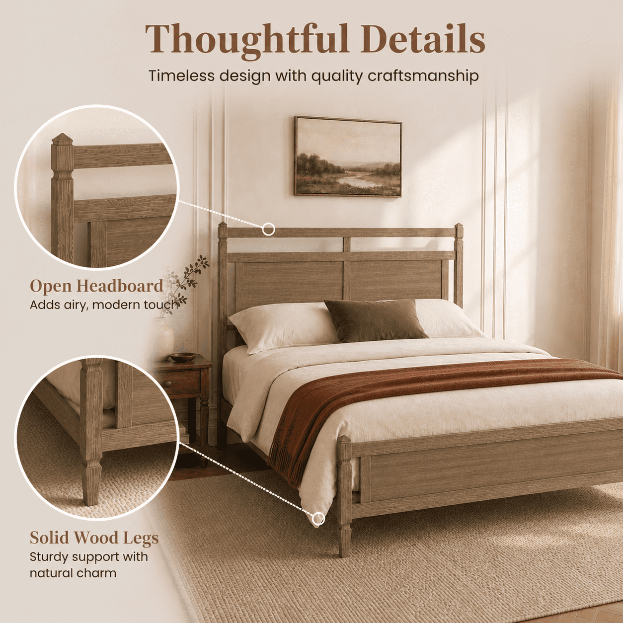 Euroco Modern Wood Queen Size Platform Bed, Mid-Century Bed Frame with Panel Headboard, No Box Spring Needed, Gray Oak