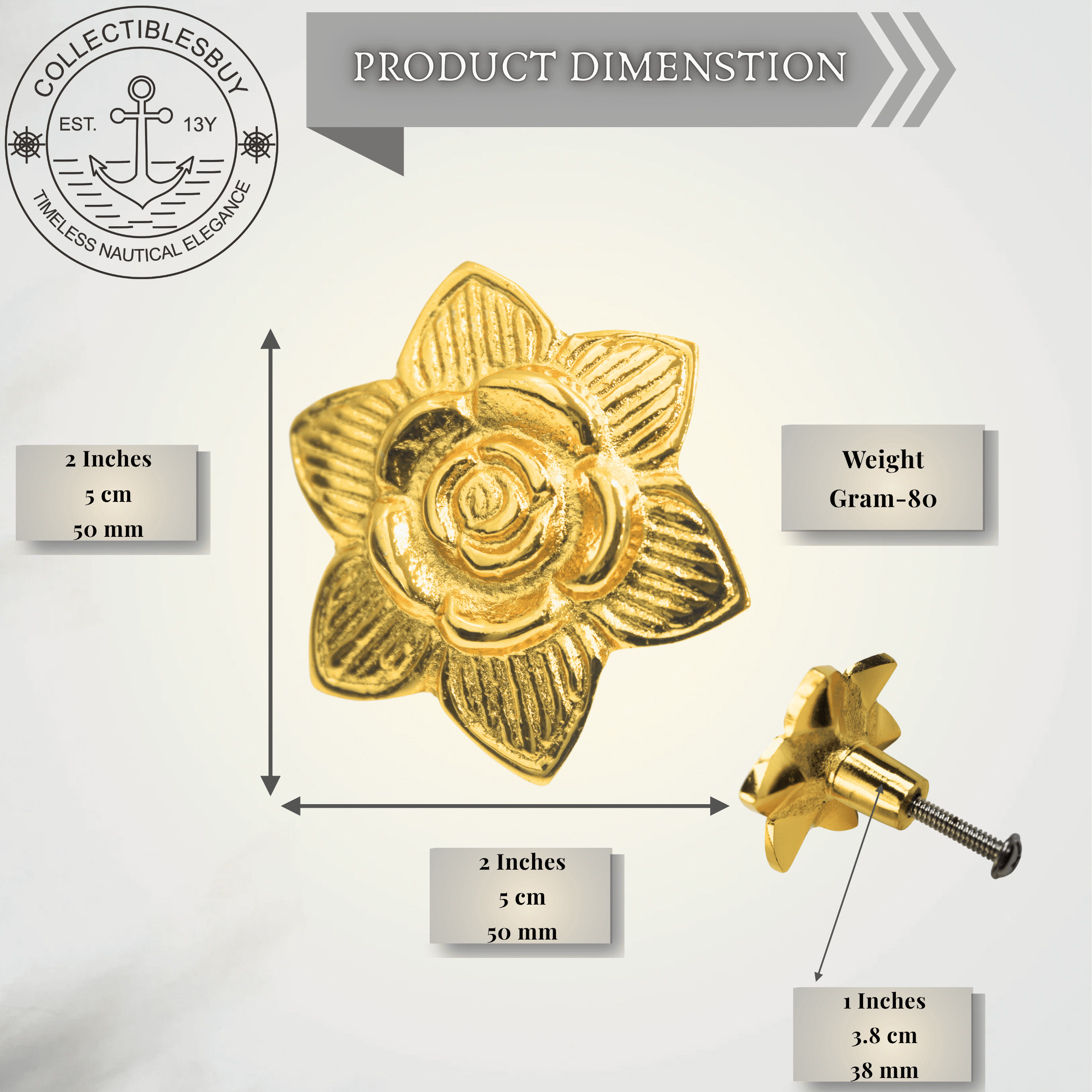 Shiny Brass Rose Petal Cabinet Knob – Golden Decorative Drawer Pull for Dresser, Closet, Cupboard & Kitchen Furniture | Vintage Floral Hardware Handle Home & Kitchen Decor (Set of 3)