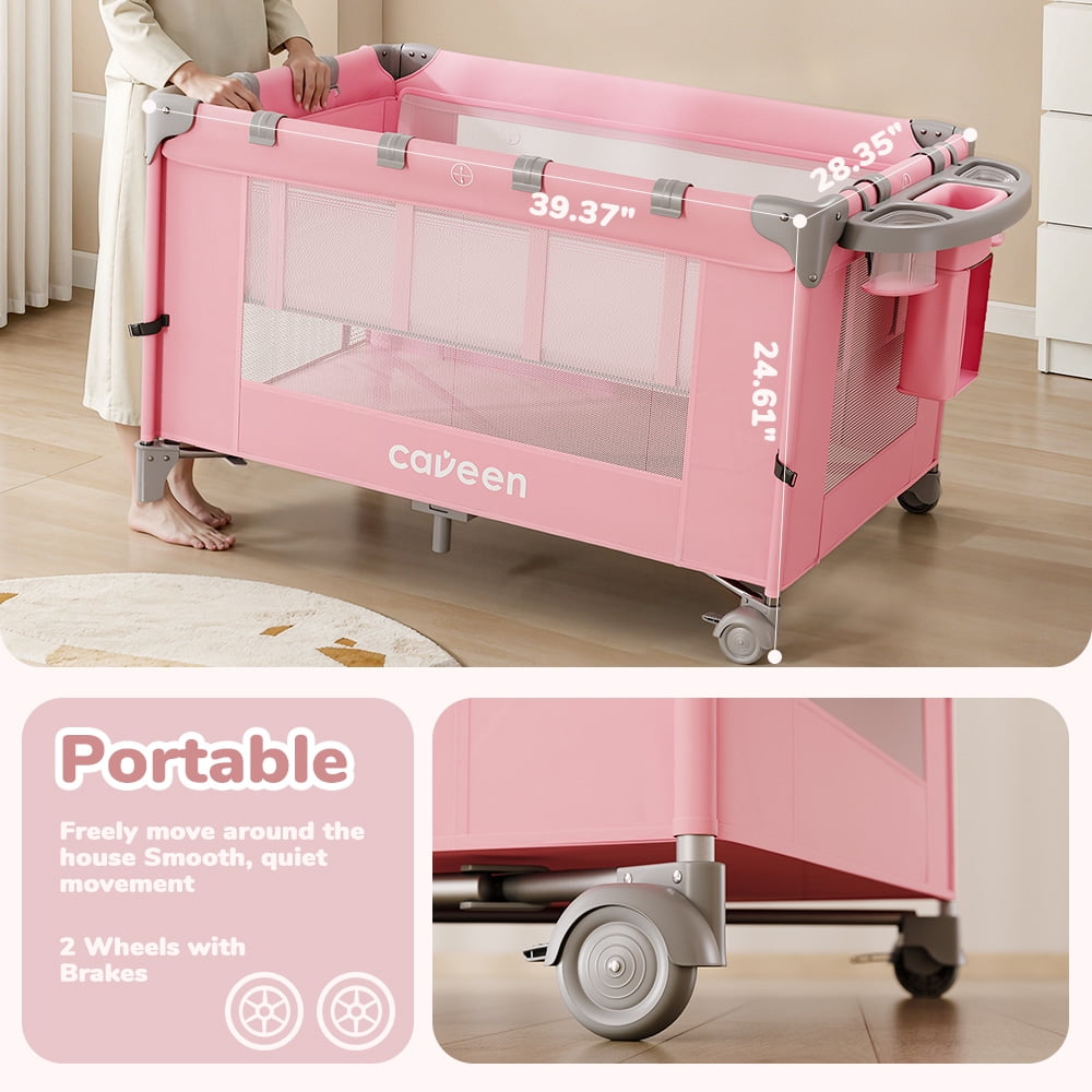 Baby Bassinet, Caveen 5 in 1 Baby Playard with Bassinet, Portable Baby Crib, with Removable Changing Station & Storage Organizer, Pink