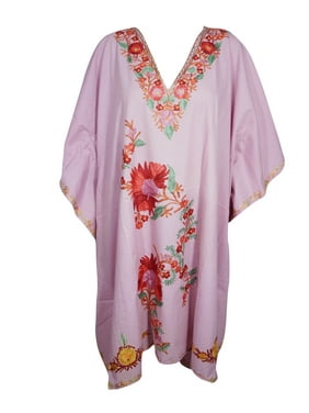 Mogul Womens Pink Kaftan Dress Floral Embellished Beach Bikini Cover Up Caftan One Size