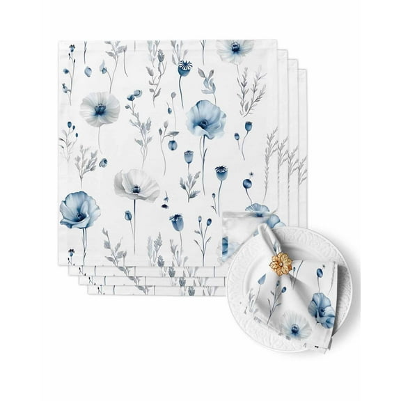 Cloth Napkins Pastoral Blue Gray Poppy Flower Washable Soft Kitchen Dinner Napkin Set of 4,Farm Floral Plant on White Reusable Cocktail Napkins for Wedding Holiday Party Event,20x20In