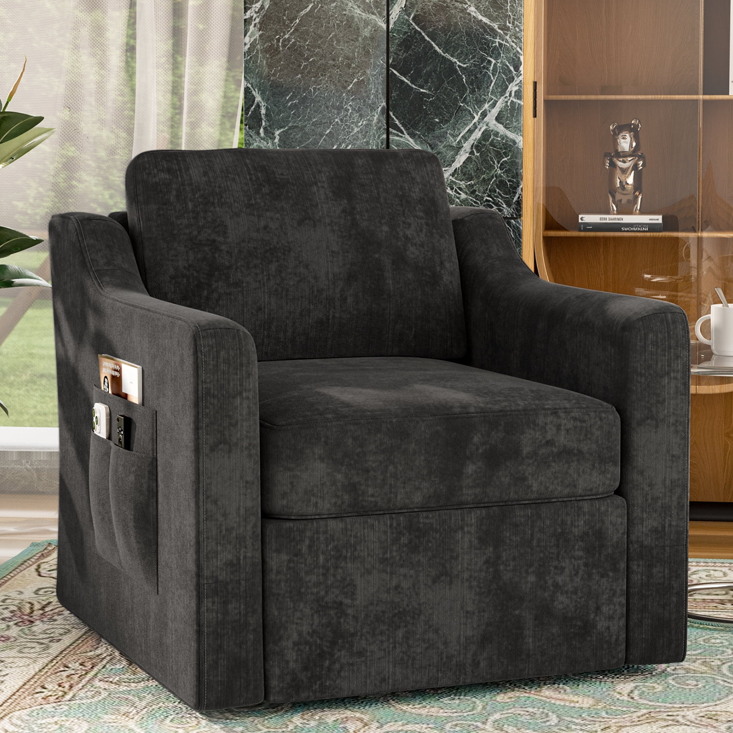 ZBOM 360° Swivel Modern Accent Chair Set of 2, Large Comfy Reading Chairs, Accent Square Single-seat Armchair Upholstered Sofa for Reading, Living Room, Bedroom, Black