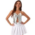 thumbnail image 1 of Camiseta metálica sin espalda para mujer Inspire Chic, con tirantes asimétricos y halter, top brillante, color plata, 1 of 6