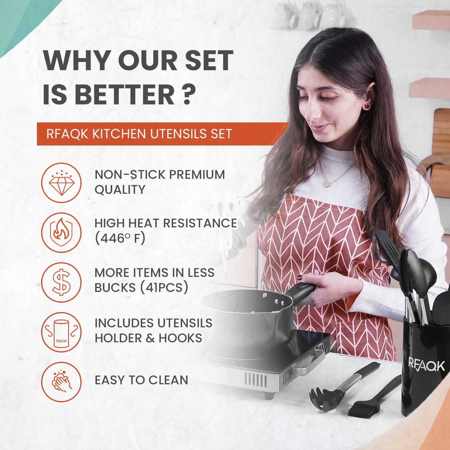 RFAQK Silicone Kitchen Cooking Utensil Set With Holder, 40PCs Heat Resistant Set for Nonstick Cookware, Kitchen Gadgets includes Can Opener, Potato Masher & Peeler, Tongs,spatulas,Pizza cutter & More