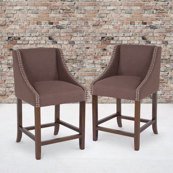 Emma   Oliver 24"H Walnut Counter Height Stool-Brown Fabric Accent Nail Trim, Set of 2