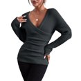 thumbnail image 2 of Duoif Sweaters for Women Trendy Women's Fall and Winter Solid Color V Neck Comfort Fit Knit Off The Shoulder Casual Pullover Sweater Women's Sweaters Womens Tops Dark Gray L, 2 of 8