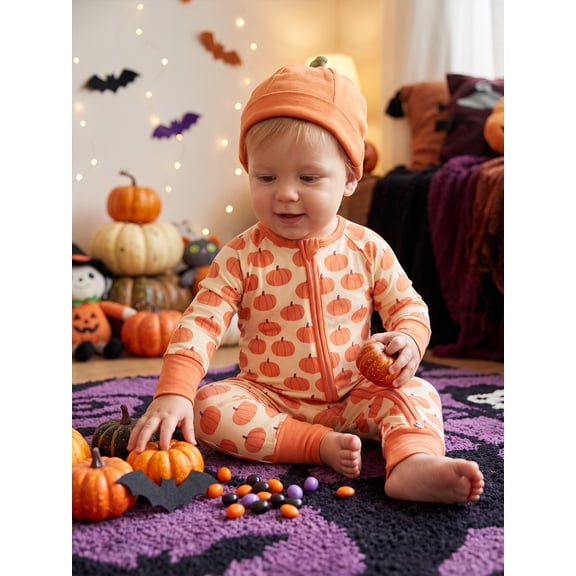 MOSSRIVER Infant Halloween Pumpkin Print Bamboo Viscose Two_Way Zipper Sleeper One_Piece Jumpsuit