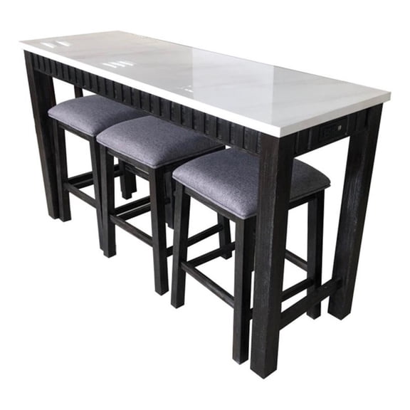 Benjara 4 Piece Marble Top Table and Stool Set- White and Brown
