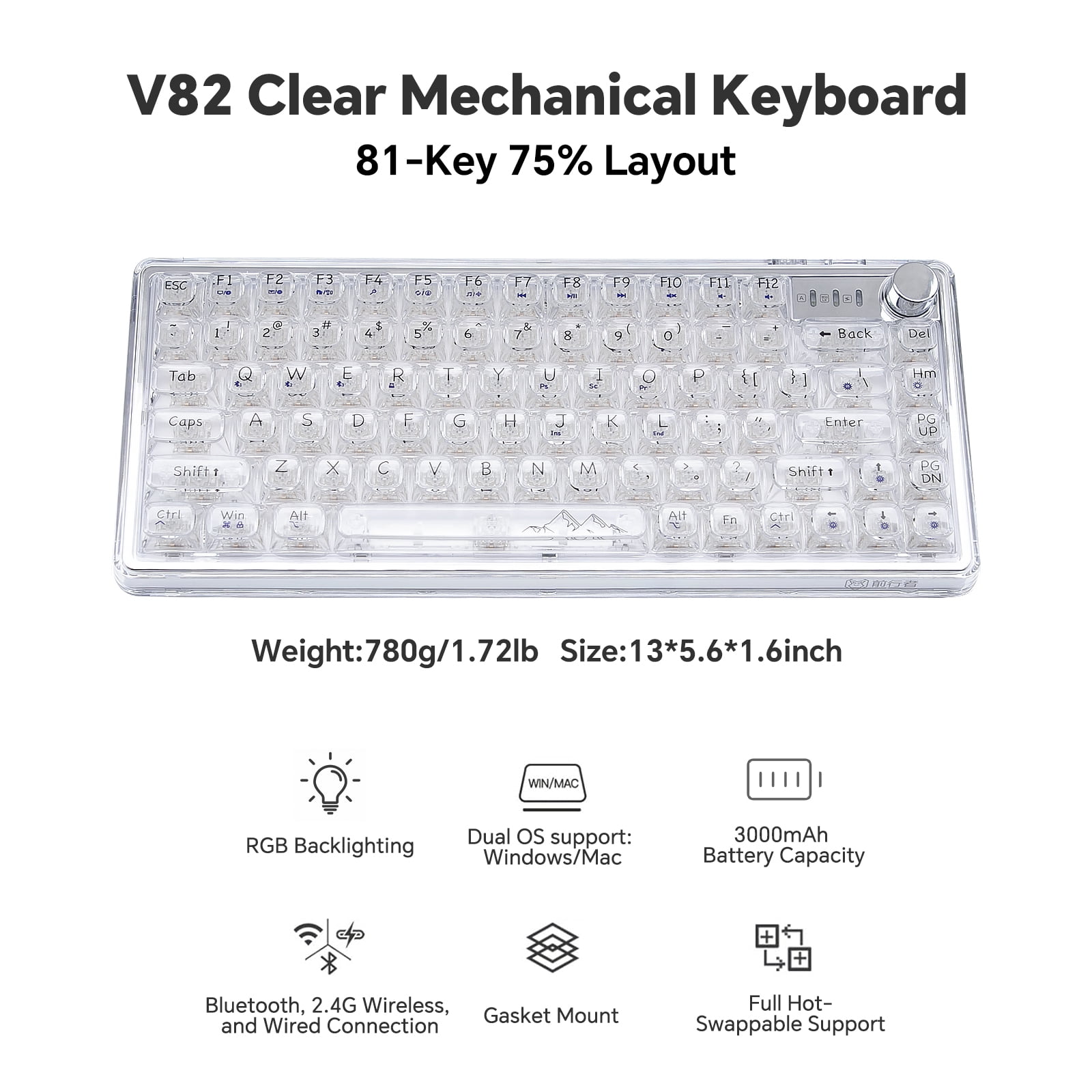 Wireless 82 Hot Swappable Transparent Mechanical Keyboard with Clear Keycaps, BT5.0/2.4G/USB-C Triple Mode mechanical Keyboard, RGB Backlit for Windows/Mac(Crystal Ice Switch,White)