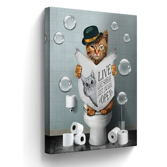 Bathroom Decor Canvas Wall Art Cute Cat Sitting in Toilet Reading Newspaper Pictures Farmhouse Animals Painting for Artwork