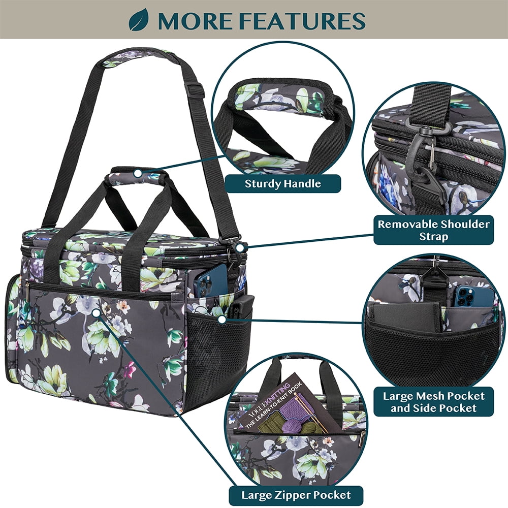 PAVILIA Knitting Bag Yarn Storage Tote, Large Crochet Organizer Bag, Yarn Storage Holder for Crocheting Knitter, Knitting Project Bag, Crochet Accessories Set, Gifts For Crochet Lovers, Floral Gray