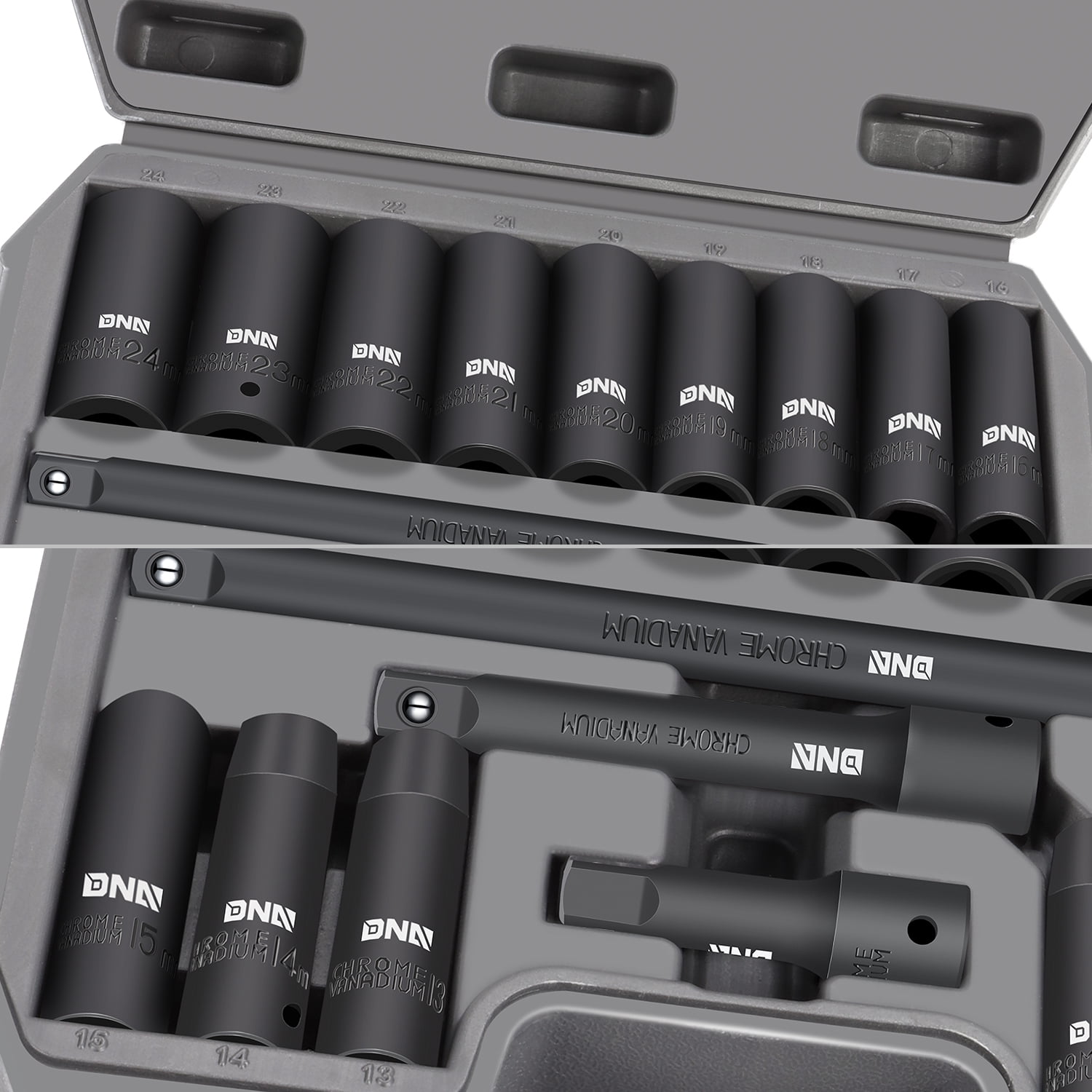18-Pcs 1/2-Inch Drive Metric Impact Socket Set - 10-24mm, with 3'' 5'' 10'' Extension Bar, Cr-V