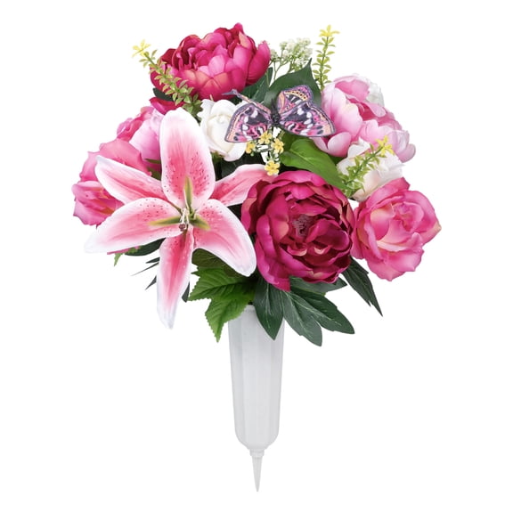 20.5-inch Artificial Silk Pink Lily & Peony Mixed Cemetery Large Round Vase, for Indoor/Outdoor Use, by Mainstays