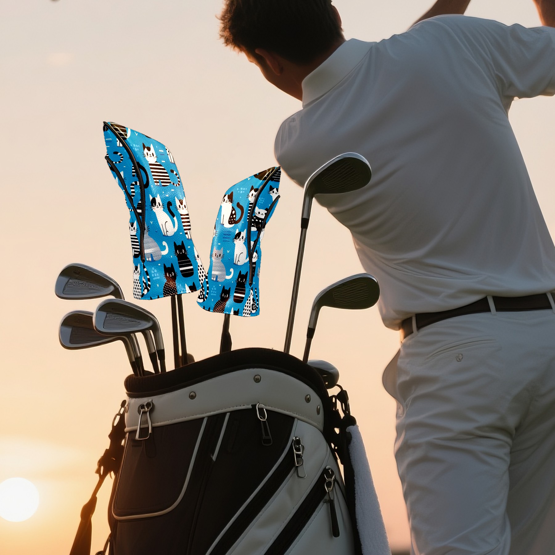 Golf Club Covers, Blue Cat Premium PU Leather Driver Hybrid Putter Head Covers with Velvet Lining, Waterproof Golf Gifts for Men Women