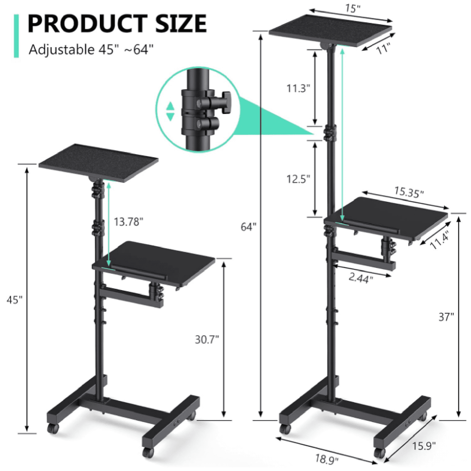 Projector Stand Tripod: 2 Shelves Mobile Laptop Cart Adjustable Height 45 to 64 Inches, Rolling Laptop Stand Cart with Ventilated Tray, Projector Tripod Stand on Wheels for Couch, Bedside, Meeting