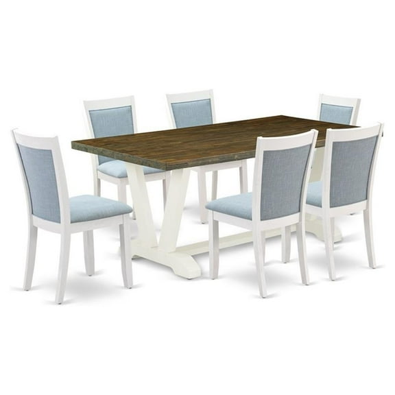 East West Furniture V-Style 7-Piece Wood Dining Set in Jacobean/Blue/White