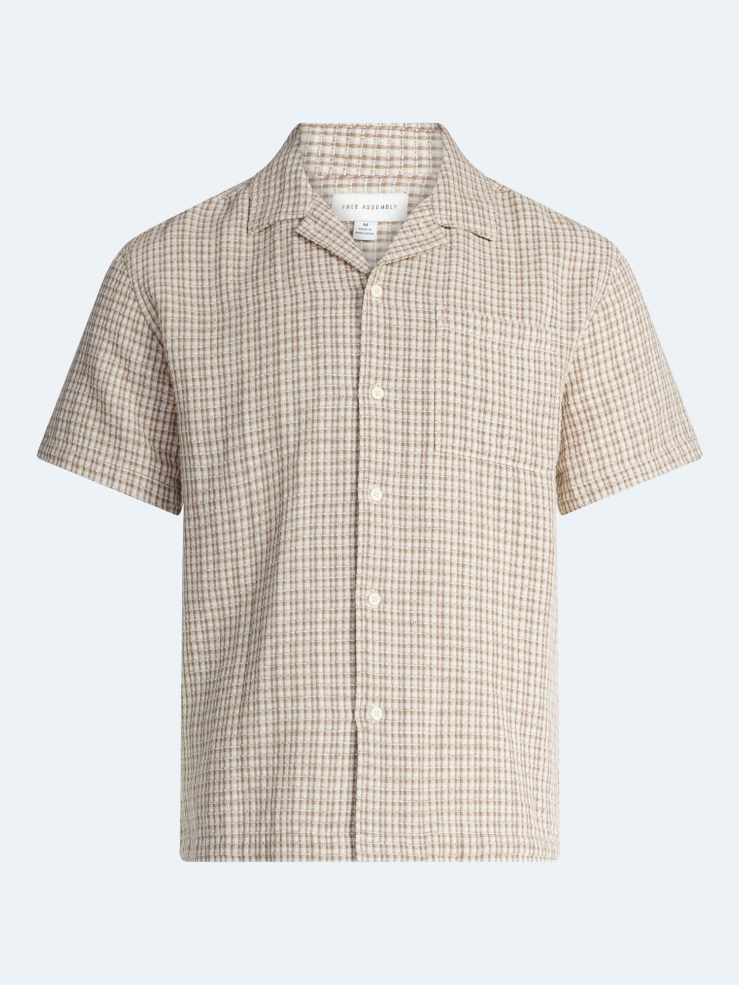 Free Assembly Men's Plaid Textured Cotton Camp Shirt with Short Sleeves, Sizes S-3XL