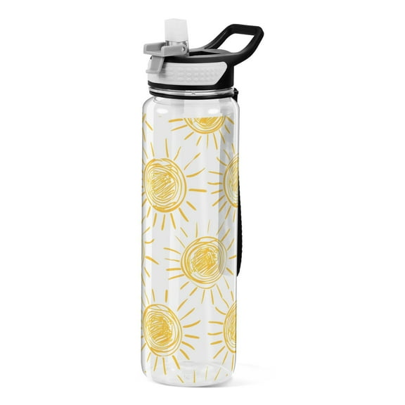 Sun Drawings Print Sports Water Bottle Portable Travel Mug 32oz BPA Free Leak Proof Straw Transparent Tritan for Gym Yoga Cycling Camping