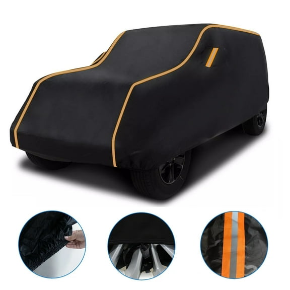 Car Cover Fit for Jeep Wrangler JK JL 4 Door 2007-2023, Car Cover Waterproof All Weather Windproof Full Cover Rain Snow Sunshade Outdoor Protection, Black Orange
