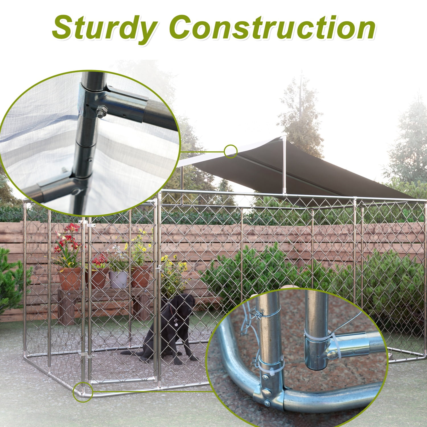 DetalleGo Large Outdoor Dog Kennel, Heavy Duty Galvanized Steel Dog Enclosure with Waterproof UV-Resistant Cover, Lockable Door Chain Link Playpen for Small to Large Pets (157" L x 90" W x 91" H)