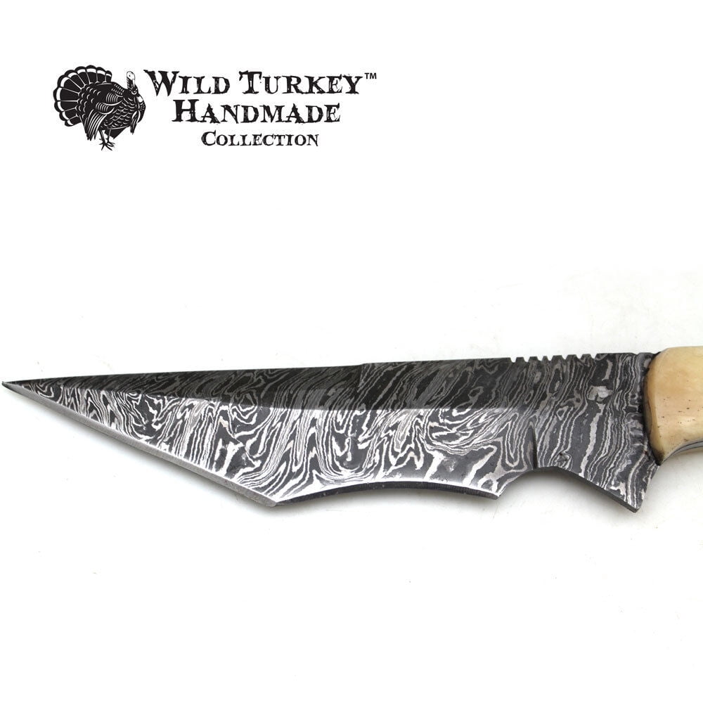11" Damascus Fixed Blade Bone Handle Hunting Knife with Leather Sheath