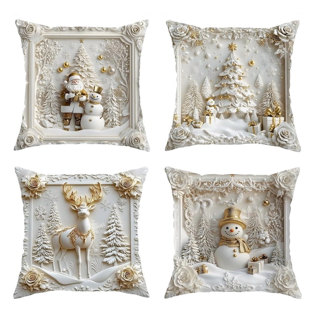 Bewildely Juego de 4 fundas decorativas navideñas de invierno, con muñeco de nieve y fundas de almohada. Suaves y lavables, ideales para el Decoración del hogar B-4 Pec 45*45 cm