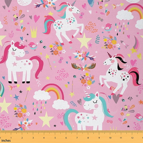 Castle Fairy Children Kawaii Unicorn Fabric by the Yard 1 Yard,Dreamy Princess Home Decor Fabric by the Yard,Flower Rainbow Room Decor Fabric by the Yard,Super Cozy Room Decor