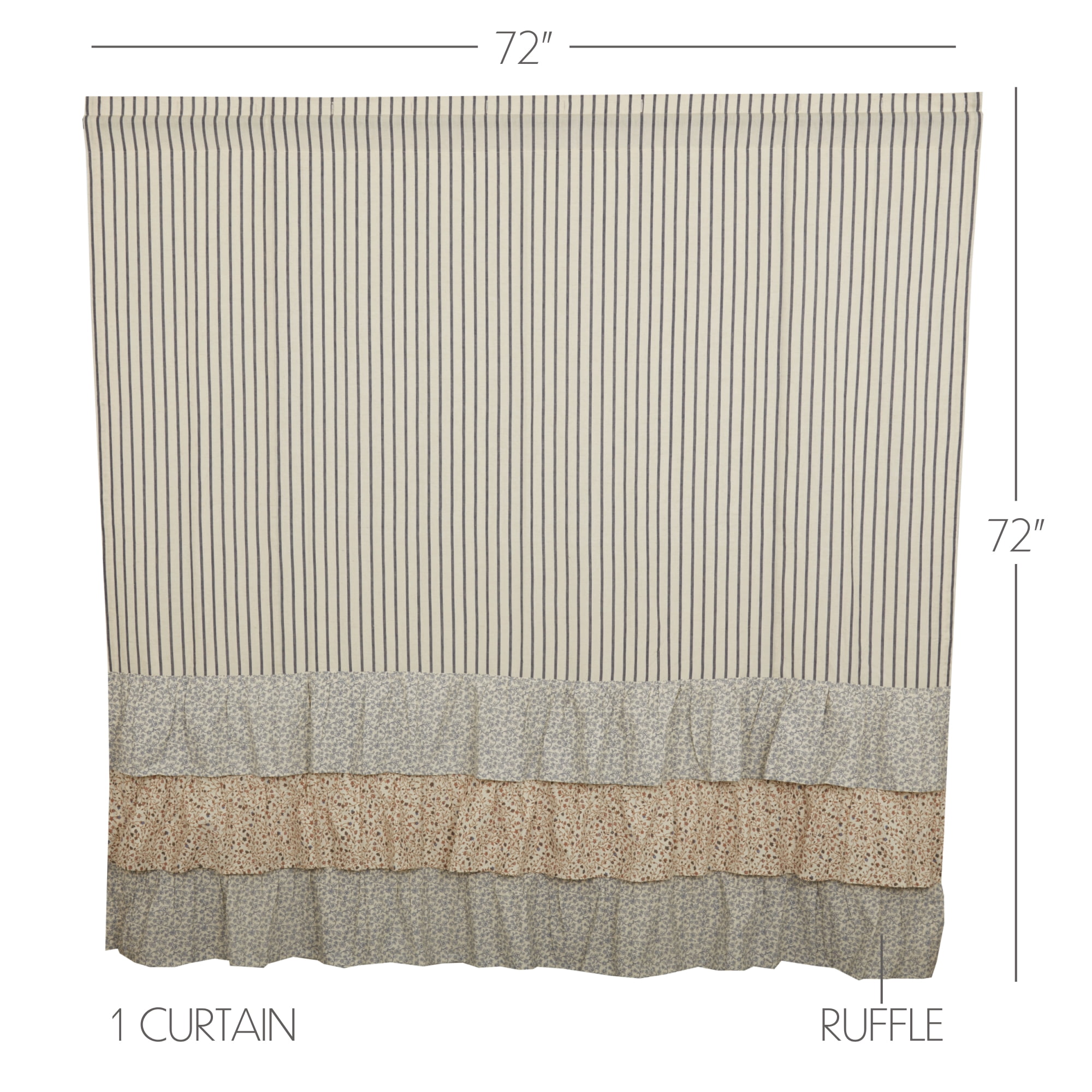 VHC Brands Kaila Country Cottage Farmhouse Blue Ticking Stripe Ruffled Shower Curtain 72x72