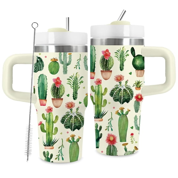 JOPJOLIW 14oz Cactus Tumbler with Handle and Straw, Stainless Steel Vacuum Insulated Tumblers, Birthday Gifts for Cactus Lover, Daughter, Son, Sister