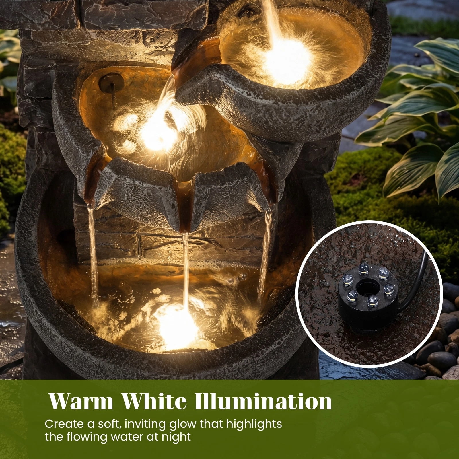 DRAZUNO 33” 5-Tier Outdoor Water Fountain with LED Lights for Patio Backyard Porch Deck