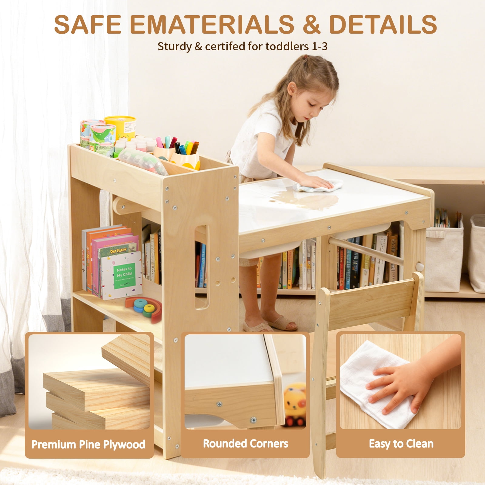 Toddler Sensory Table with Storage Shelves, Adjustable Height Kids Art Desk with Bookshelf, Wooden Activity Play Desk and Chairs for Children 1-6 Years