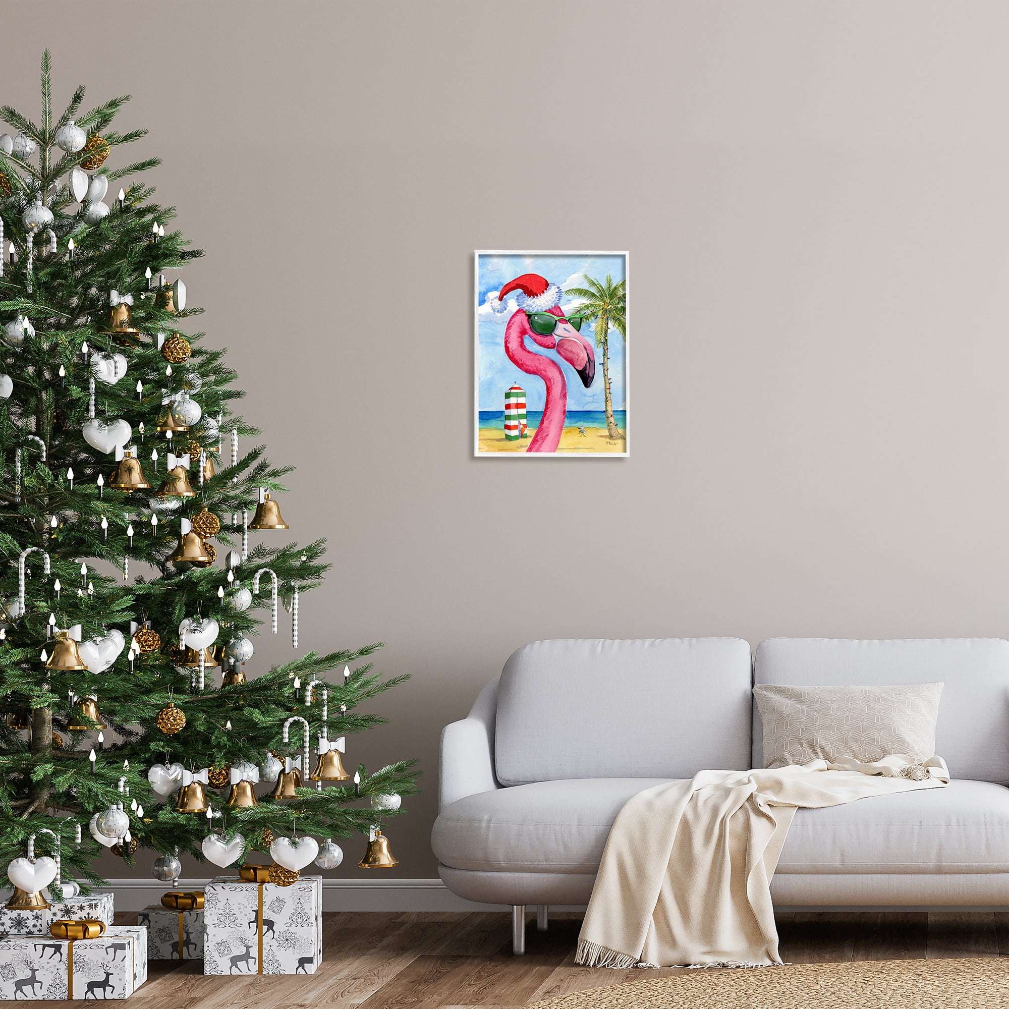 Stupell Industries Flamingo Tropical Christmas Holiday Painting White Framed Art Print Wall Art, 16 x 20
