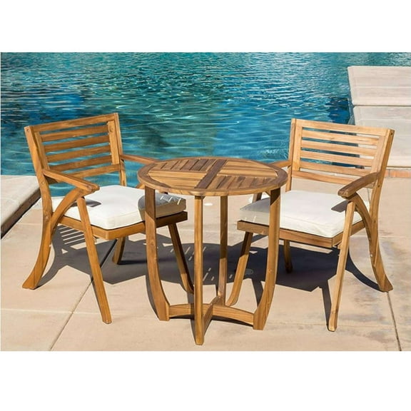 3-Piece Outdoor Acacia Wood Dining Set with Cushions, Teak Finish Bistro Set, Weather-Resistant Patio Furniture for 2-3 People, Includes Armchairs & Table