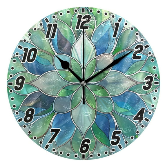Abstract Floral Stained Glass Round Wall Clock Battery Operated Silent Non-Ticking Bedroom Office Kitchen Home School Decor 10"(Black)