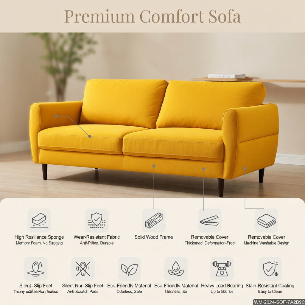 Hommoo 72" Modern Fabric Loveseat Sofa, Solid Wood Frame, High-Density Sponge Cushions, Stain-Resistant Upholstery – Living Room & Bedroom Sofa, Yellow