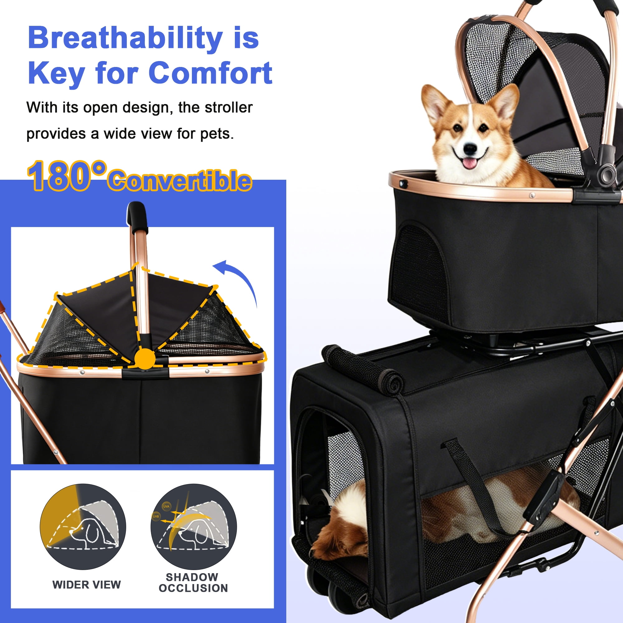 3-in-1 Double Decker Pet Stroller with Detachable Baskets Handbag, Each Layer Holds 15 LBS, Shockproof 360° Swivel Lockable Wheels, Dual-Button Foldable for Small Medium Dogs Cats Rabbits