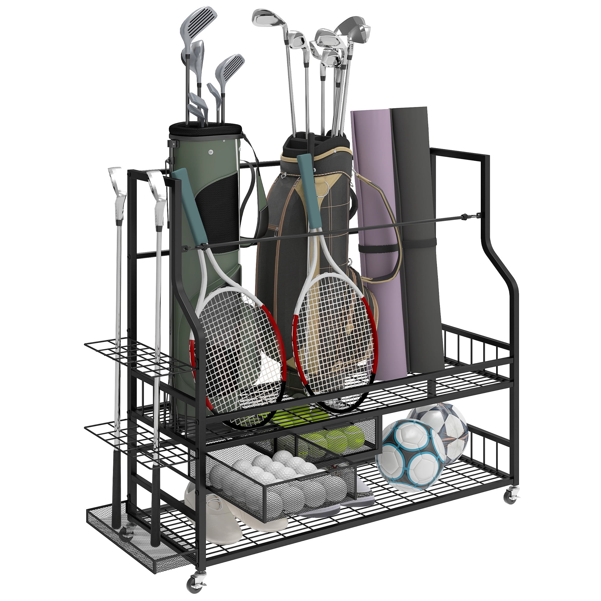 Uforic 4-Bag Golf Storage Rack with Wheels and Lockable Drawers