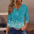 thumbnail image 2 of WTOBBY Women's V-Neck T-Shirt with Floral Print, Button Detail, and 3/4 Sleeve, Casual Weekend Fashion for Spring Fall Season, Daily Use, and Outings,Dark Green M, 2 of 6