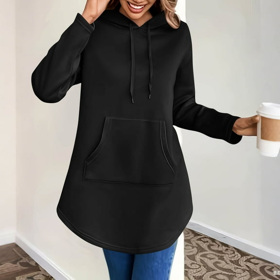 Qetyuw Long Hoodies for Women Long Sleeve Curved Hem Sweatshirt Casual Loose Hooded Pullover with Pocket
