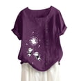 thumbnail image 4 of ZOHIUM Womens Tops Tshirts Women's Fashionable Cotton And Linen Short Sleeved Buttoned Tops Round Neck Dandelion Print T Shirt Blouses for Women Dressy Casual (Purple,M), 4 of 4
