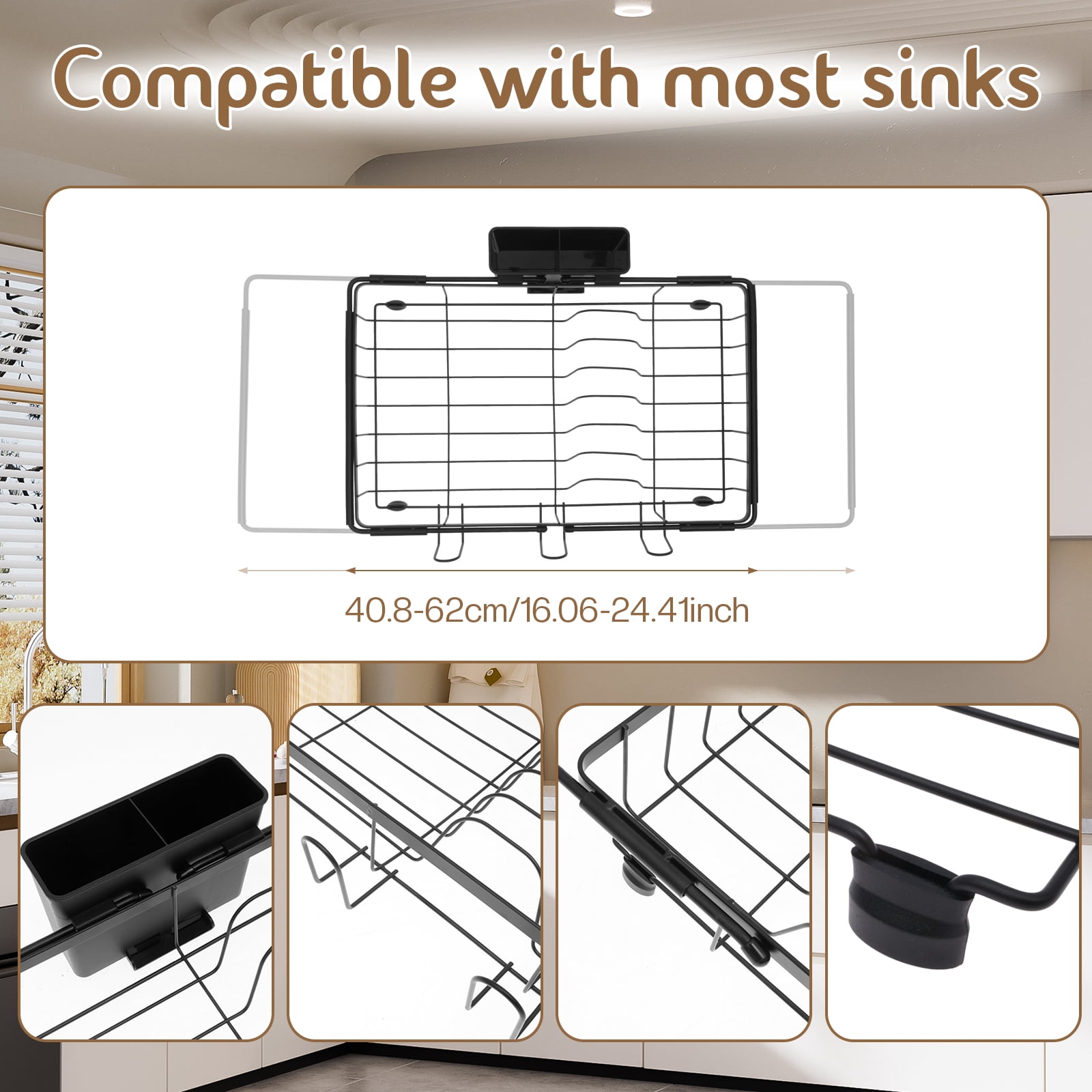 FKSZLL Expandable Dish Drying Rack in Sink Carbon Steel Dish Drain Rack Over Sink, Sink Dish Drainer for Kitchen Counter with Cutlery Holder, 16"~24.4" x 12.8" x 3.9"