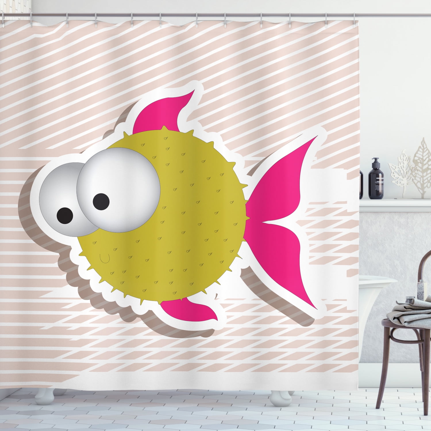 Fish Shower Curtain, Comical Illustration of a Bubble Fish Abstract