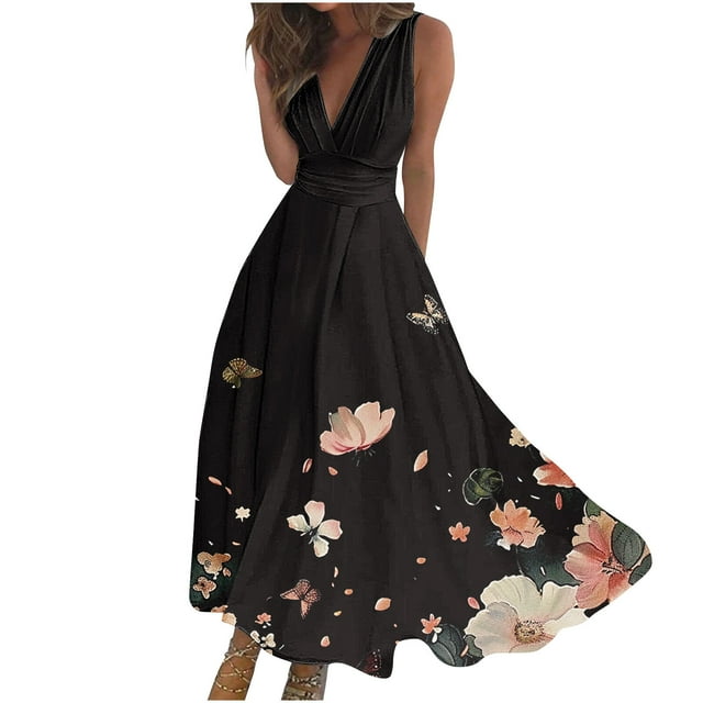 RKSTN Robes d'Été pour Femmes 2024 Imprimé Floral Boho Sans Manches Col en V Poitrine Enveloppée Robes de Cocktail Mode Décontractée Ample Grande Taille Robes d'Invité de Mariage