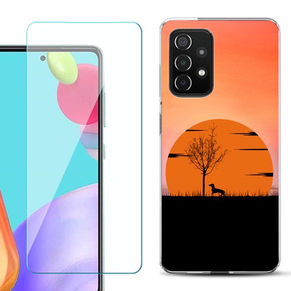 Slim-Fit Flexible Gel TPU Phone Case compatible with Samsung Galaxy A52 5G, with Tempered Glass Screen Protector, by OneToughShield ® - Sunset Dachshund